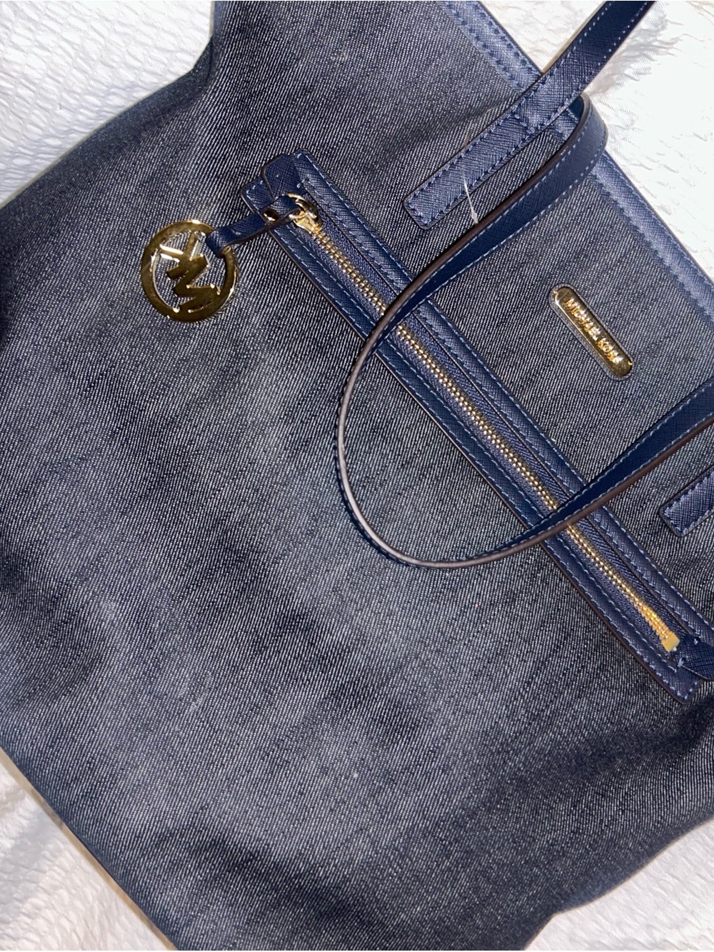 Michael Kors Navy Denim Tote with Gold Hardware